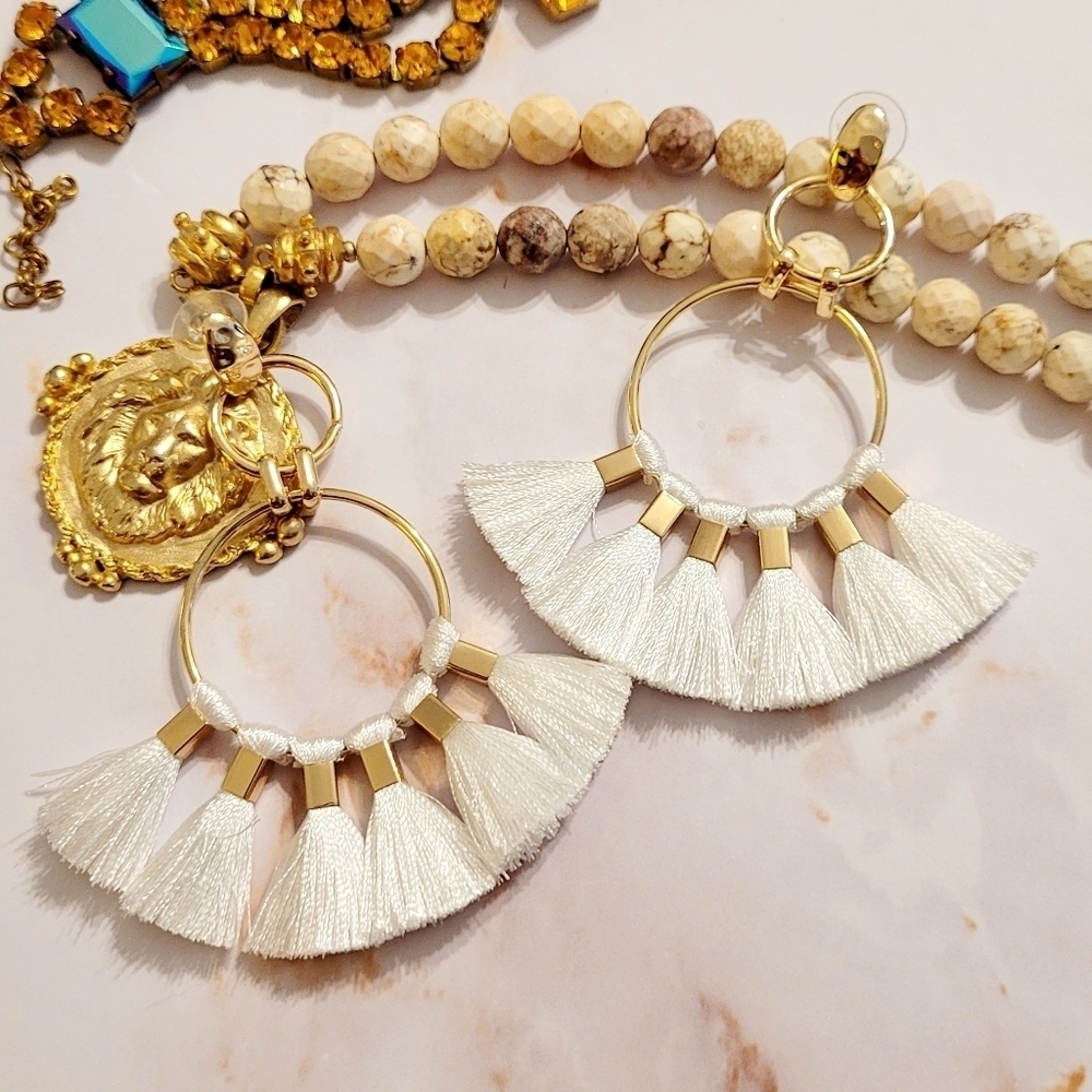 CHA CHA LARGE BRIGHT WHITE & GOLD SILK TASSEL DROP EARRINGS